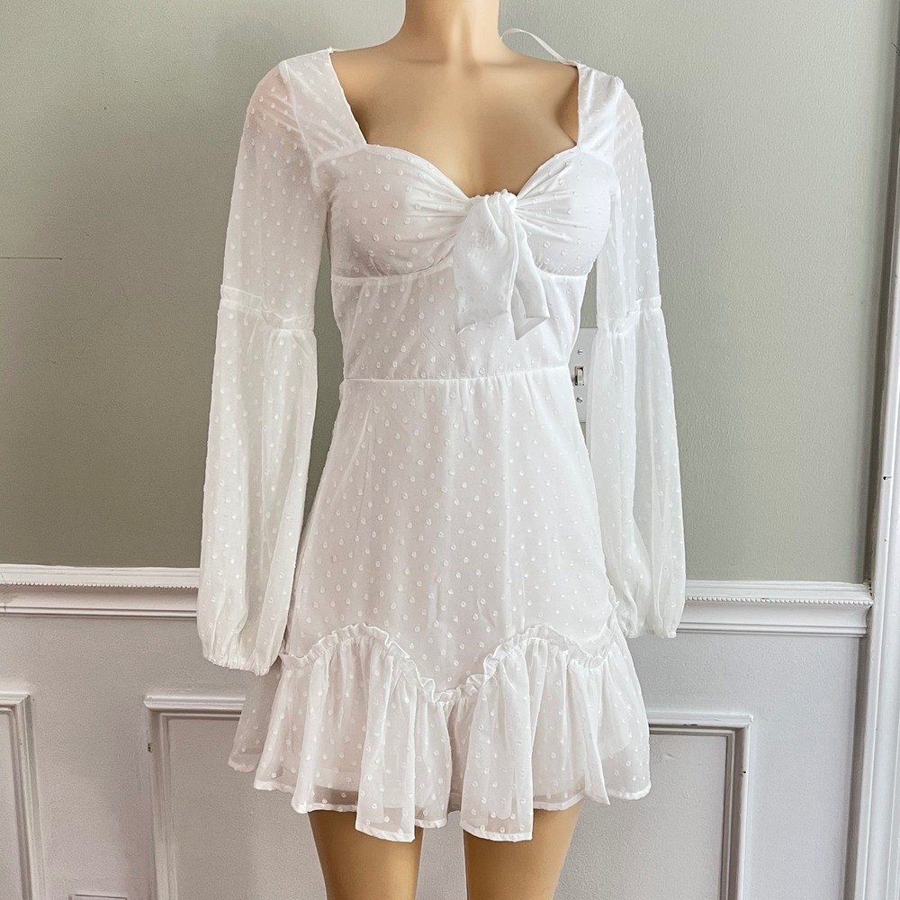 Thats So Fetch Mini Dress Womens 2 Swiss Dot Tie Front Balloon Sleeve White Boho